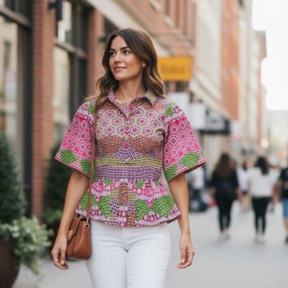 Ivy Jane Small Boho Geometric Print Belted Tunic Blouse Pink Green Cotton Small